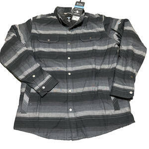Kuhl Joyrydr Men Medium M Flannel Shirt Jacket Snap Up Gray Eclipse Stripe Black